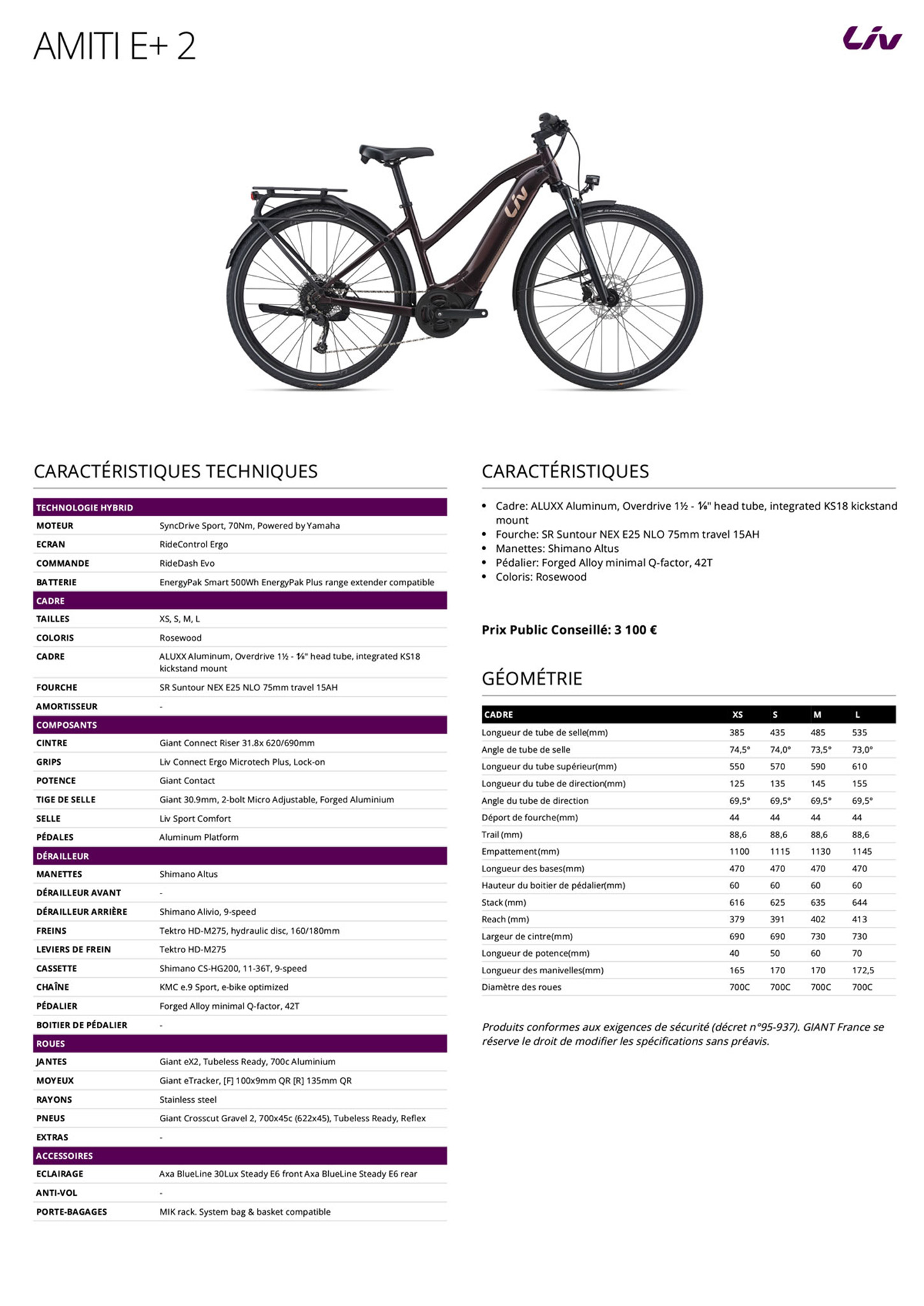 Fiche technique du velo Amiti E+ 2